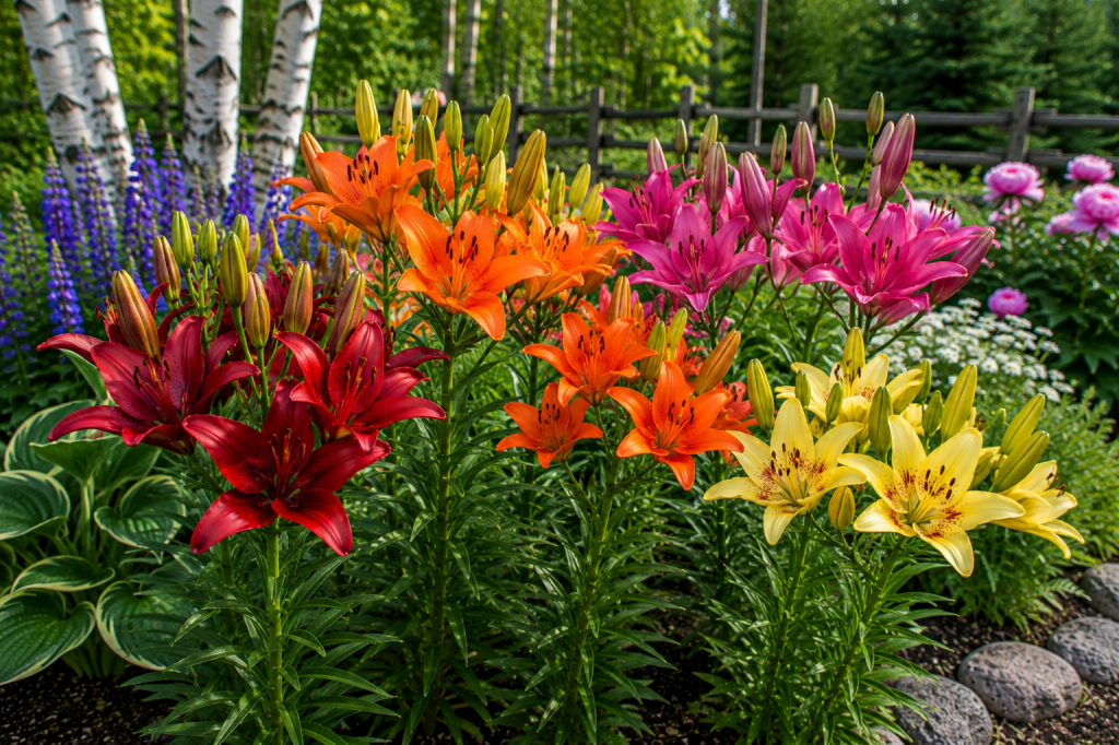 Red, orange, pink and yellow Asiatic lilies blooming in a northern perennial garden