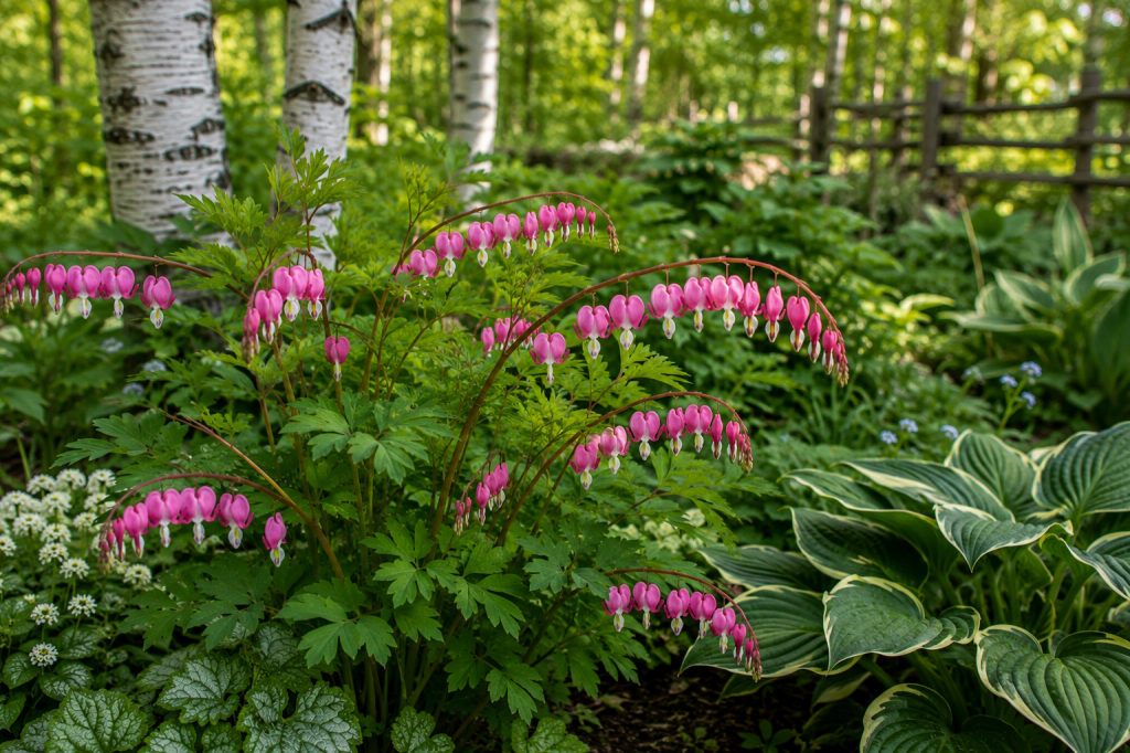 Pink bleeding hearts blooming in a shaded northern garden