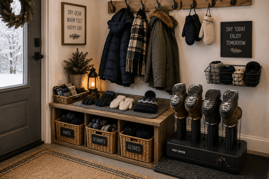 Winter entryway drying station with coats, mittens and snowy boots on a boot dryer