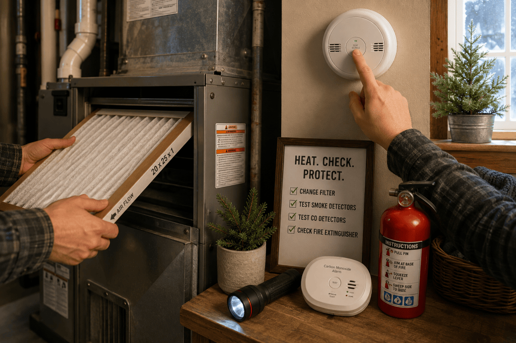 Changing a furnace filter and testing smoke and carbon monoxide detectors before winter.