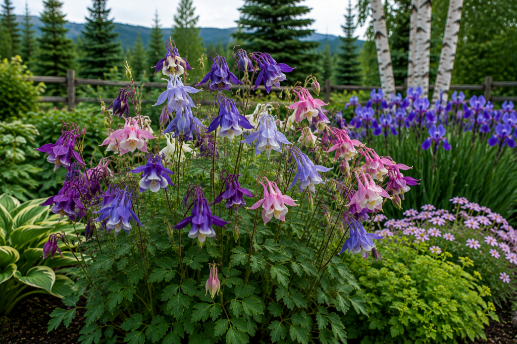 Blue, purple and pink columbines blooming in a northern perennial garden