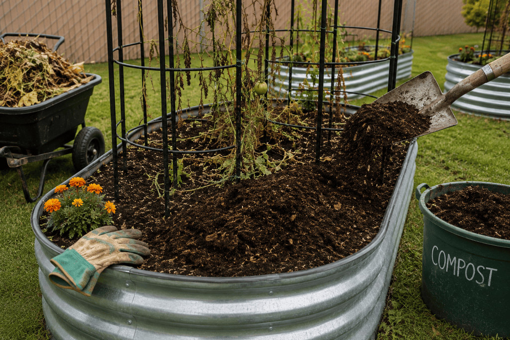 Adding finished compost to a galvanized raised garden bed during fall garden cleanup.