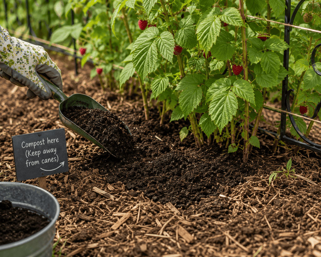 Compost being added around raspberry plants while keeping it away from the canes