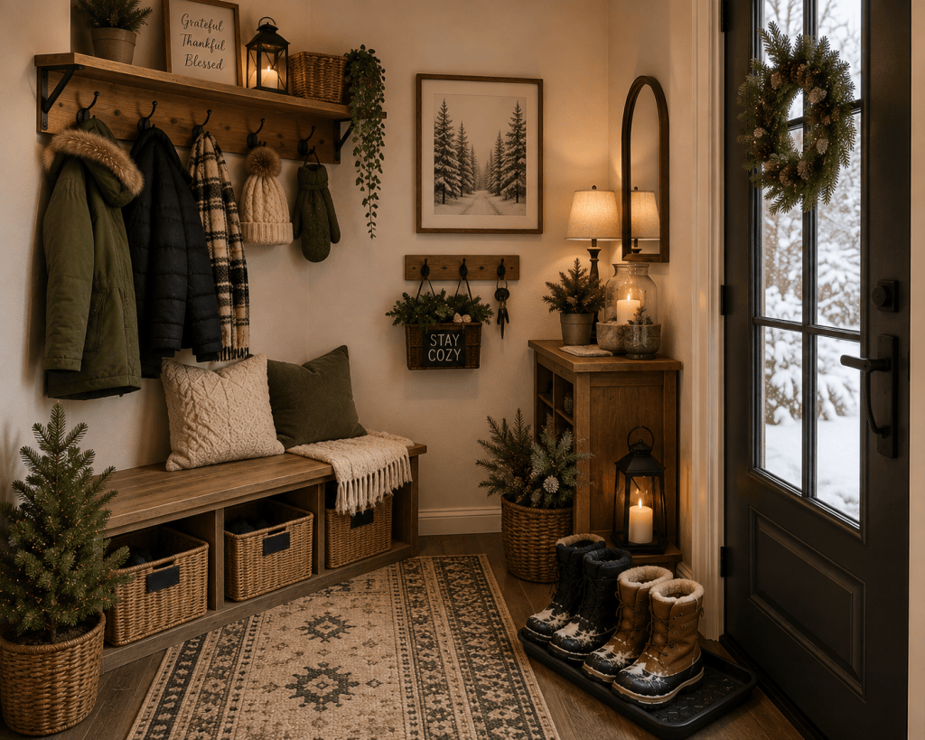 Cozy winter entryway with warm lighting, natural wood, woven baskets and organized winter gear
