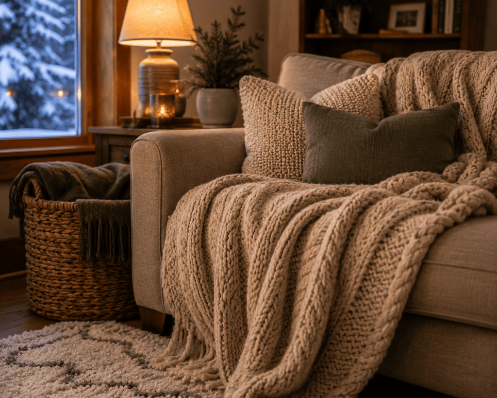 Chunky knit blankets, textured pillows and a woven basket creating a cozy winter living room
