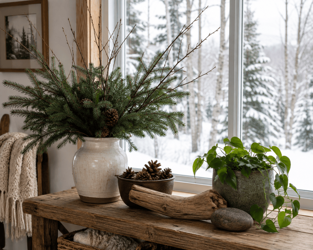 Evergreen branches, pinecones and natural wood displayed beside a snowy winter window