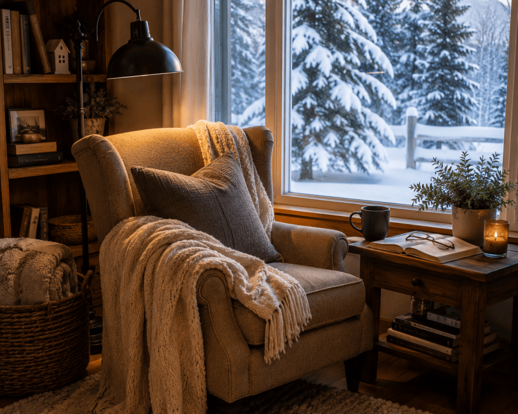Cozy winter reading nook with a warm lamp, soft blankets and a snowy evergreen view