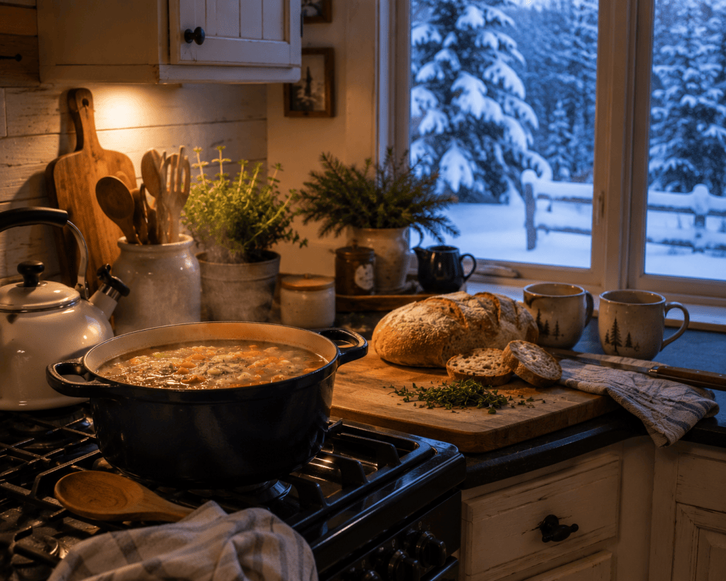 Pot of homemade soup and fresh bread in a warm kitchen overlooking a snowy winter landscape