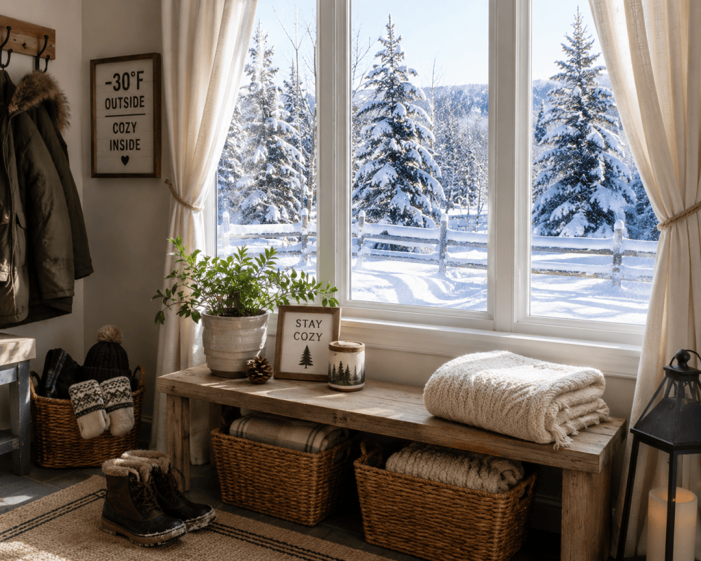 Cozy northern home with insulated curtains and a bright snowy winter landscape outside