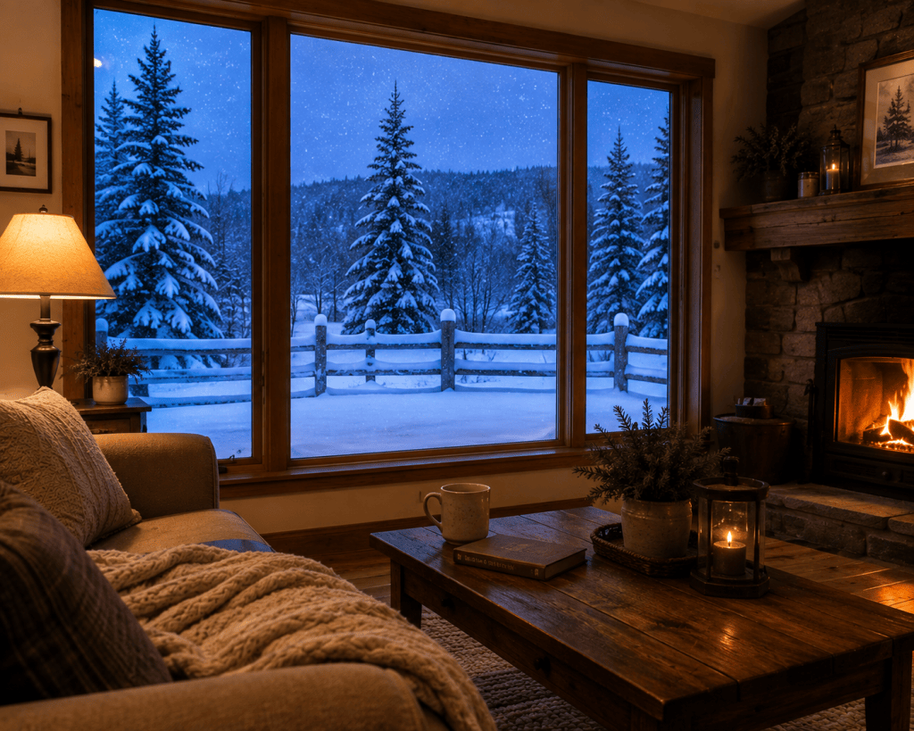 Warm northern living room with a glowing fireplace overlooking snow-covered evergreen trees