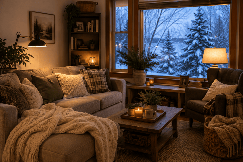 Cozy northern living room with warm layered lighting, soft blankets and a snowy winter view outside