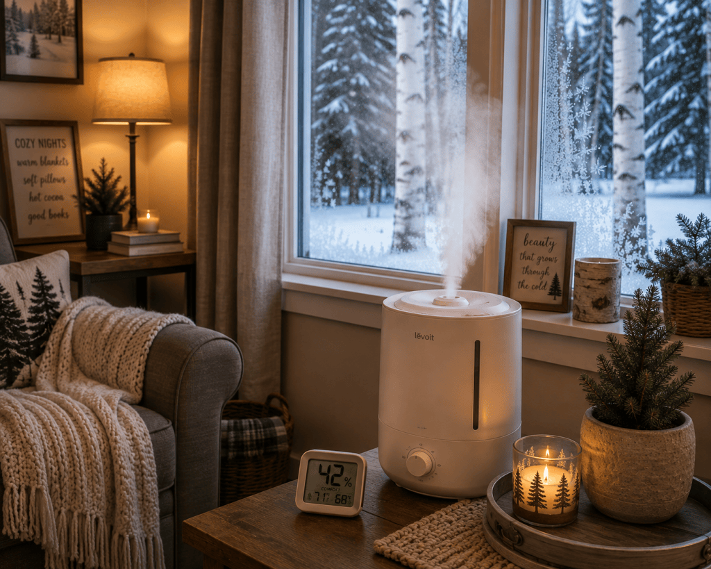 Humidifier and humidity monitor in a cozy living room during a cold northern winter.