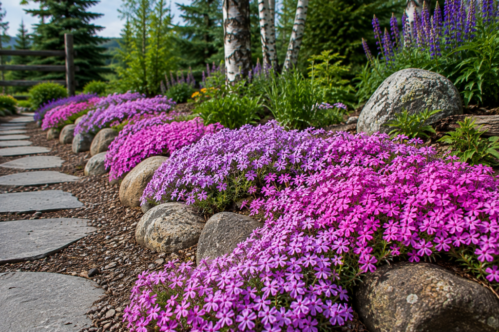 Pink and purple creeping phlox growing along a stone path in a northern garden