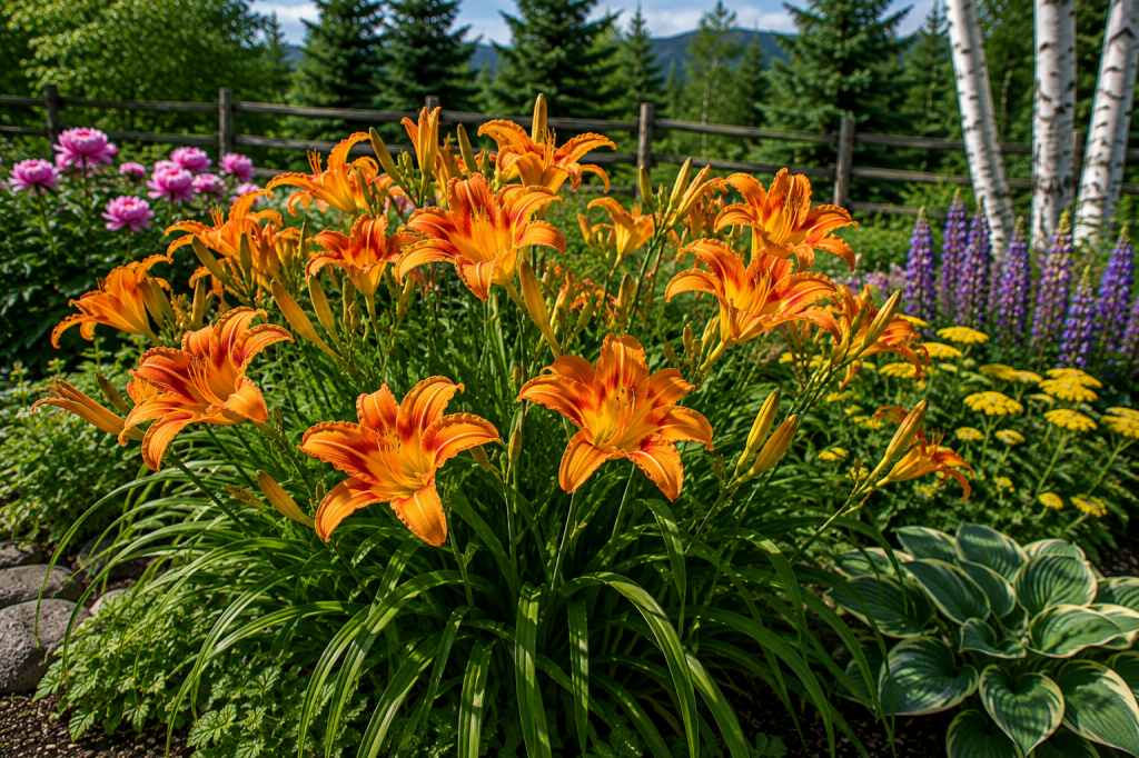 Orange daylilies blooming in a sunny northern perennial garden