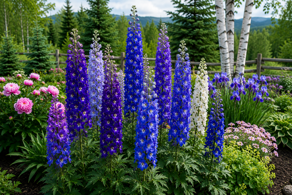 Blue and purple delphiniums blooming in a northern perennial garden