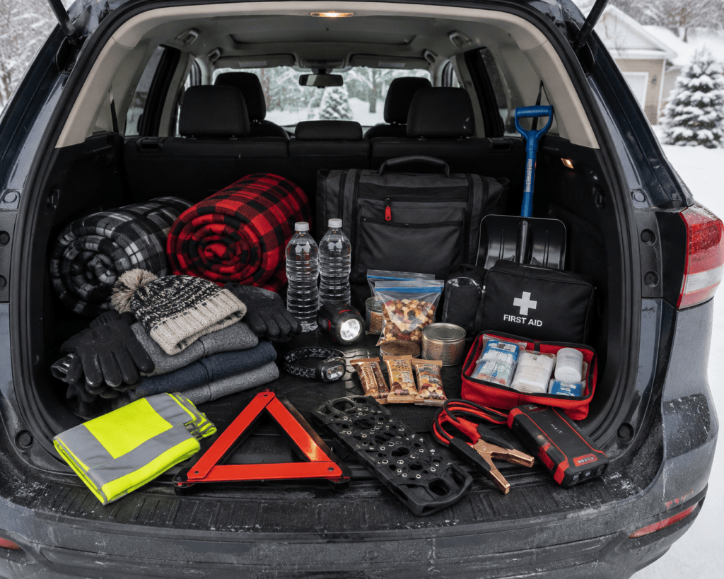 Winter car emergency kit with blankets, warm clothing, first-aid supplies, water, snacks, shovel, jump starter and safety gear in an SUV