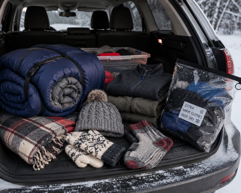 Winter emergency supplies with sleeping bag, blanket, hat, mittens, wool socks and extra warm clothing stored in an SUV