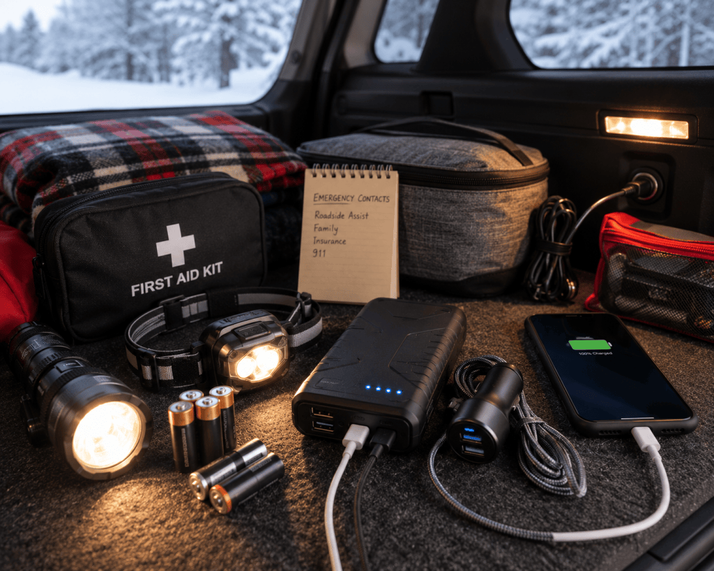 Winter car emergency kit with flashlight, headlamp, spare batteries, portable power bank, phone charger and charged phone