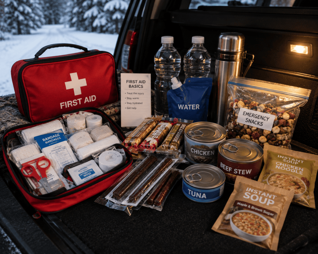 Winter car emergency supplies with first-aid kit, bottled water and nonperishable snacks stored in an SUV