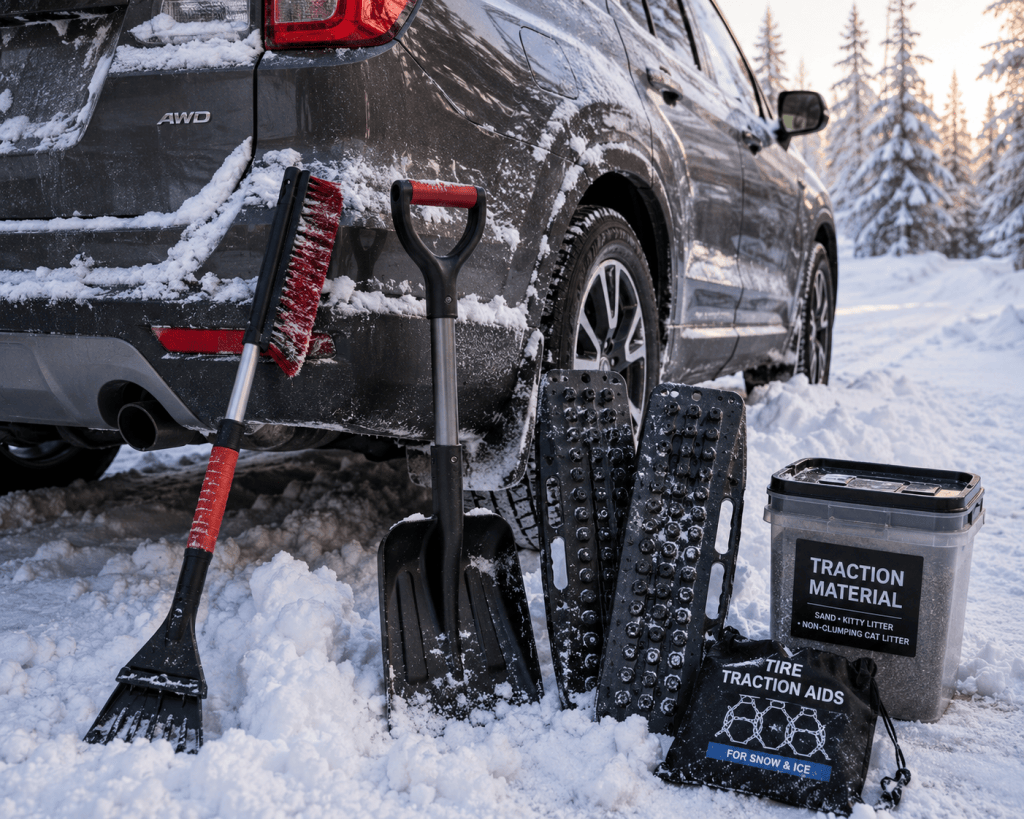 Winter vehicle emergency gear with snow brush, ice scraper, compact shovel, traction boards and traction material beside a snowy SUV