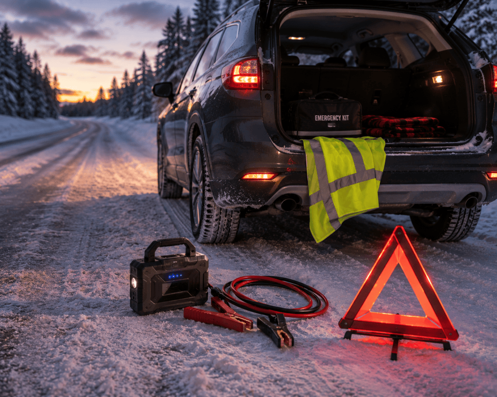 Winter roadside emergency with SUV, portable jump starter, jumper cables, reflective warning triangle and safety vest