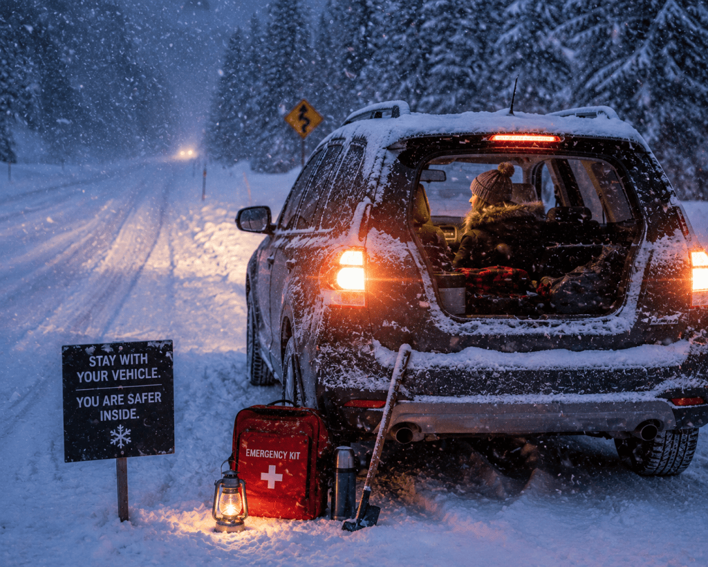 Stranded SUV during a winter snowstorm with emergency supplies and passenger staying safely inside the vehicle
