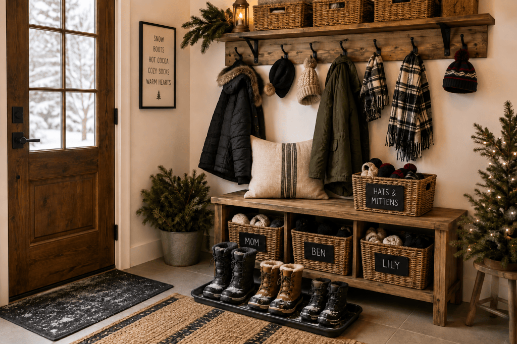 Cozy organized winter entryway with boot trays, baskets, hooks and storage for snowy winter gear
