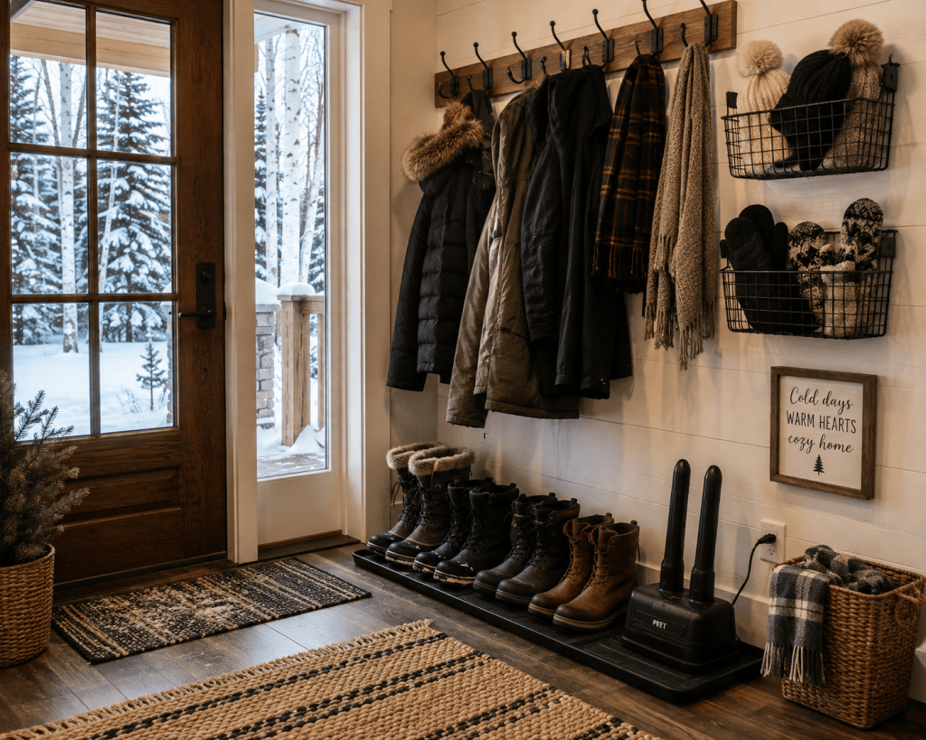 Organized winter entryway with snow boots, coats, hats, mittens, and a boot dryer ready for cold weather.
