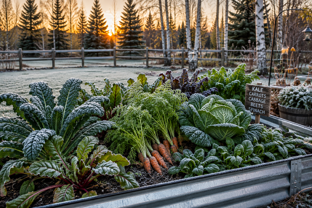 Frost-covered kale, cabbage, carrots, beets, and spinach growing in a cold-hardy northern raised garden bed.