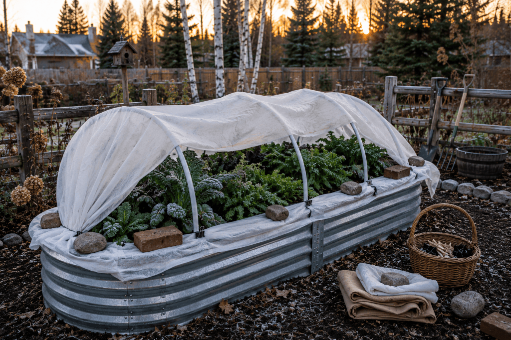 Raised garden bed covered with frost cloth over hoops to protect cold-sensitive plants from an overnight frost.