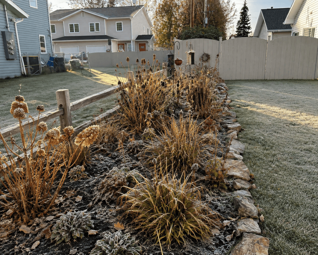 Cold-climate perennial garden covered in frost as plants begin going dormant for winter.