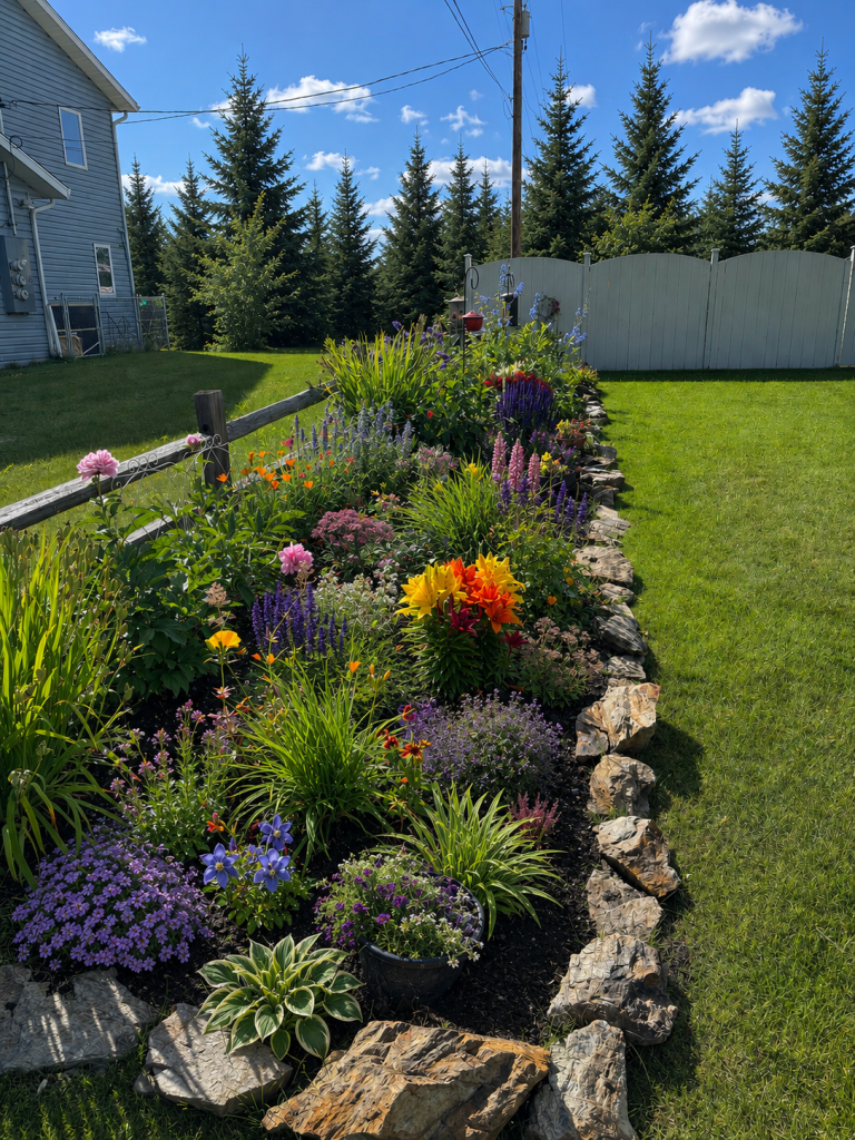 Colorful Zone 2 perennial garden filled with cold-hardy flowers in a northern yard.