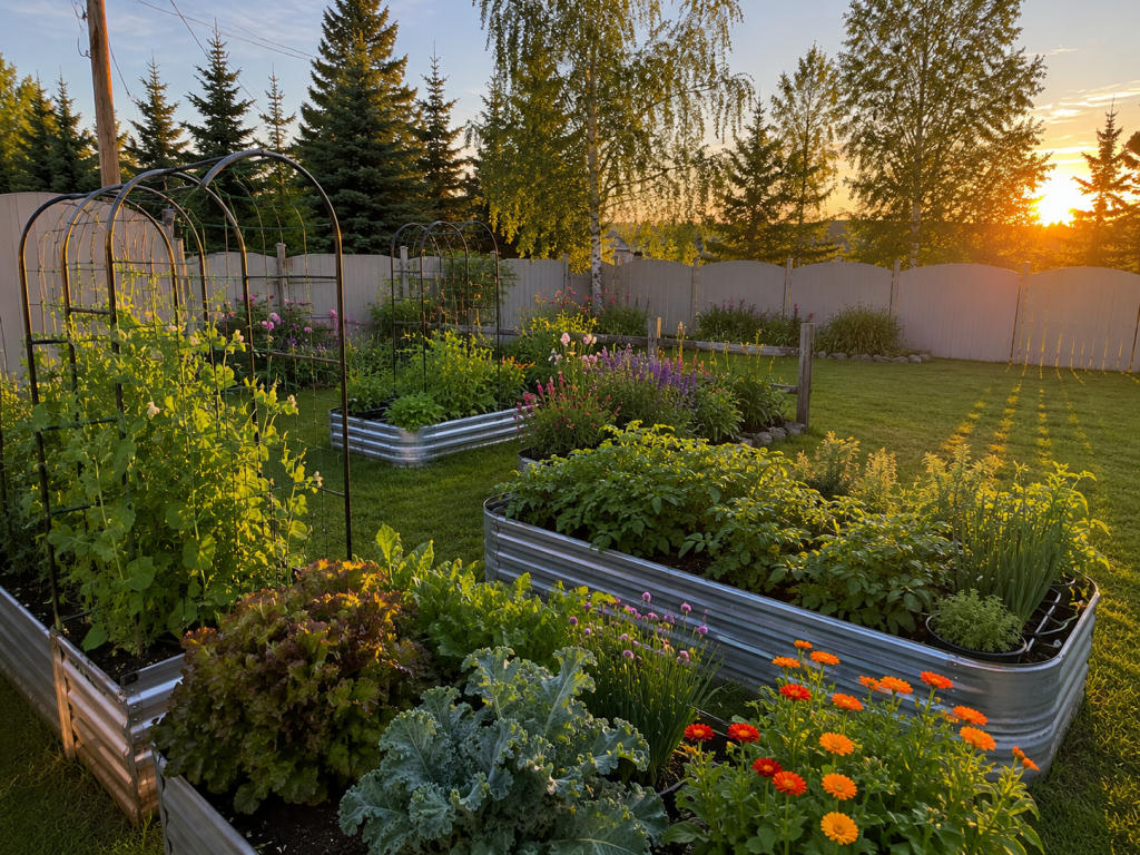 Thriving northern raised-bed garden growing in the long golden light of a Zone 2 summer evening.