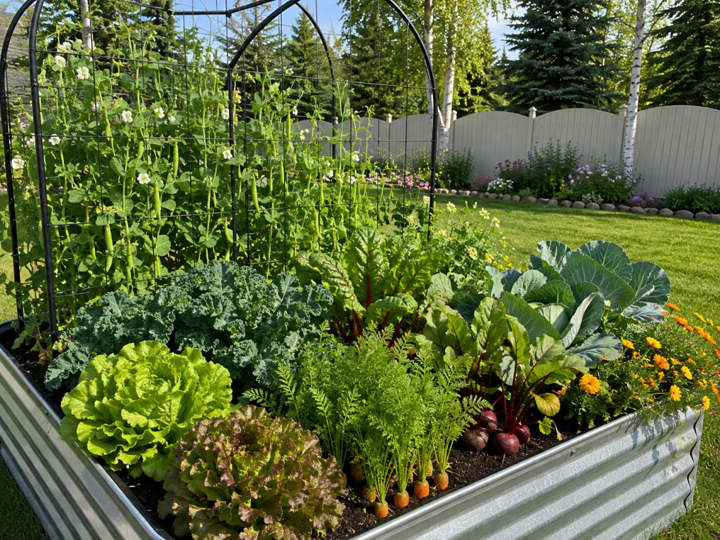 Cool-season vegetables including peas, kale, lettuce, carrots, beets, and cabbage growing in a northern raised garden bed.
