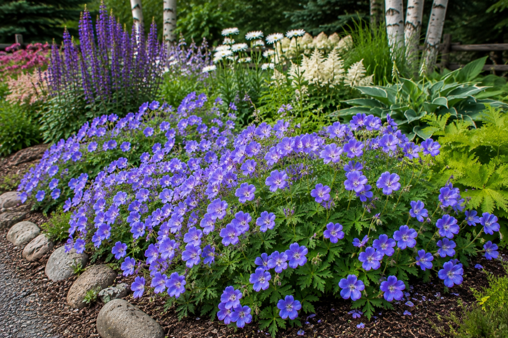 Blue-purple hardy geraniums blooming along the edge of a northern perennial garden