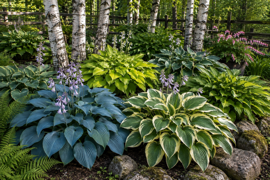 Blue-green and variegated hostas growing beneath birch trees in a shaded northern garden