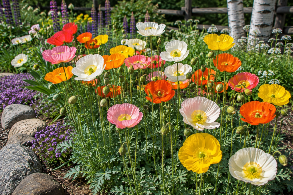 Colorful Iceland poppies blooming in a sunny northern perennial garden