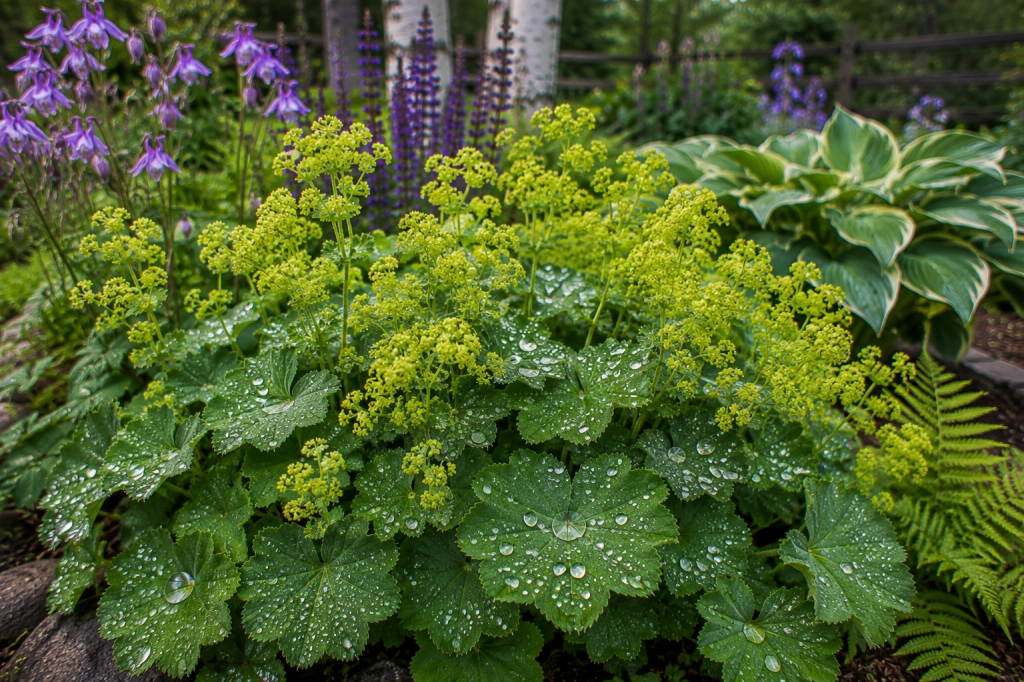 Lady’s mantle with yellow-green flowers and water droplets on its leaves in a northern garden