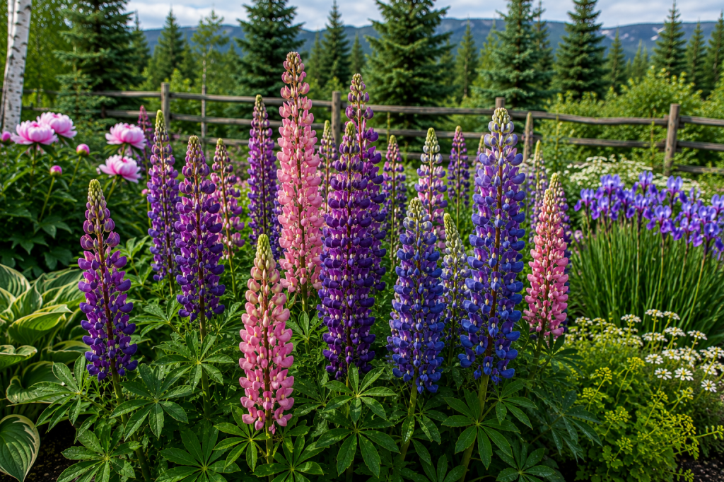 Purple, pink and blue lupines blooming in a northern perennial garden