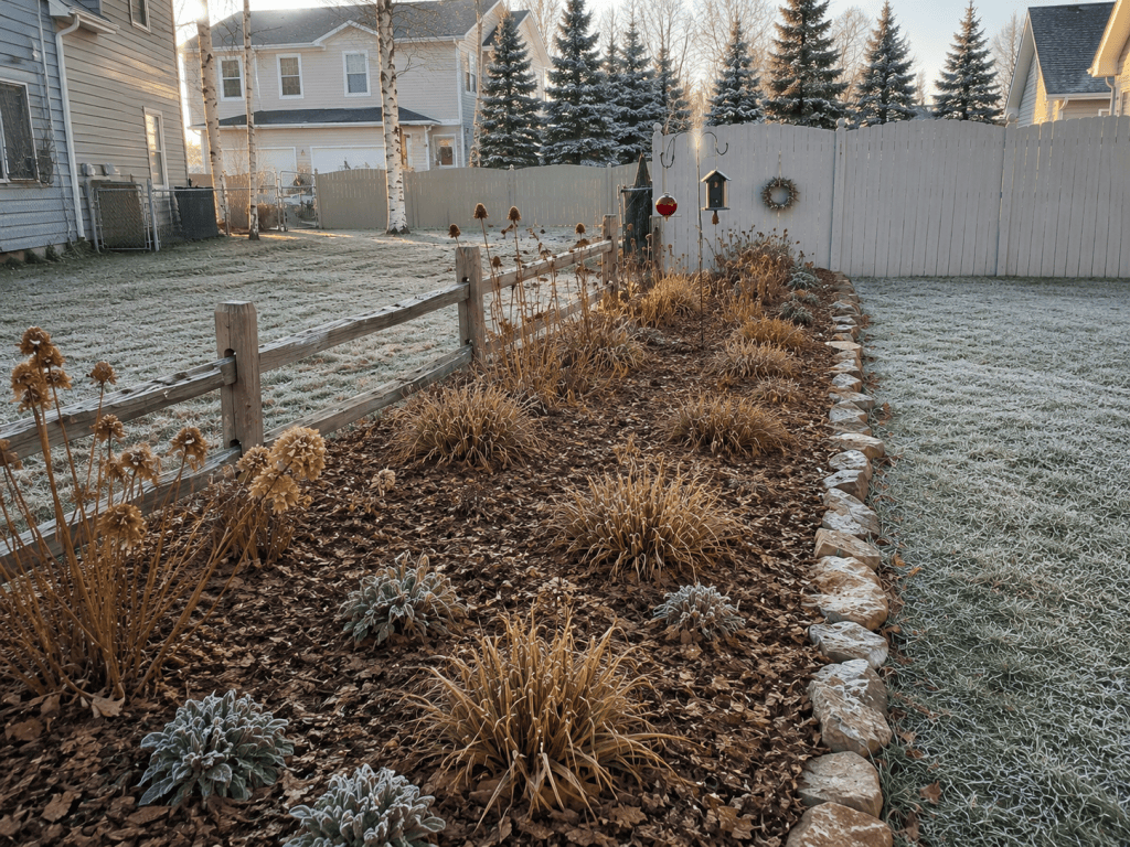 Cold-climate perennial garden protected with a layer of mulch before winter.