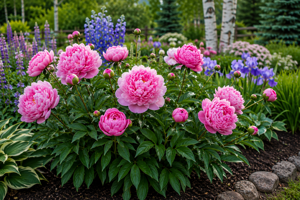 Pink peonies blooming in a northern perennial garden