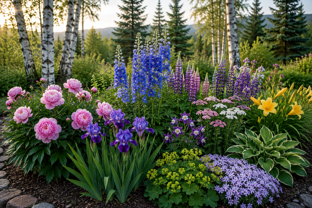 Cold-hardy perennial garden with peonies, delphiniums, iris, lupines and hostas