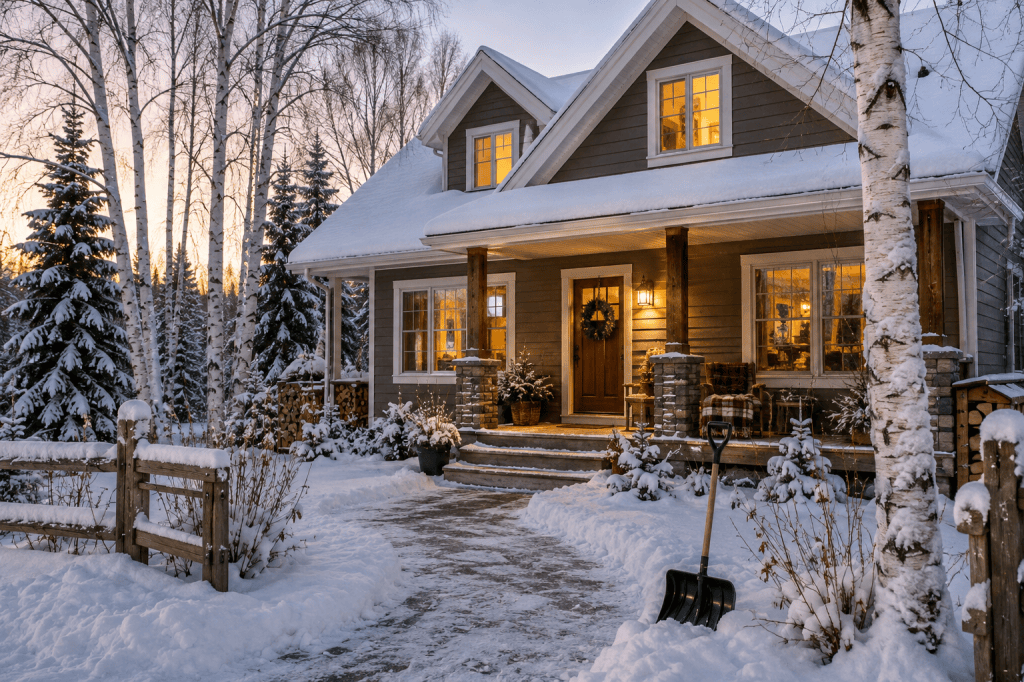 Warm northern home surrounded by snow, birch trees, and spruce trees on a winter evening.