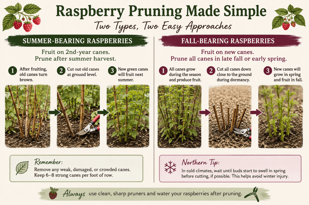 Raspberry pruning guide comparing summer-bearing and fall-bearing raspberry plants