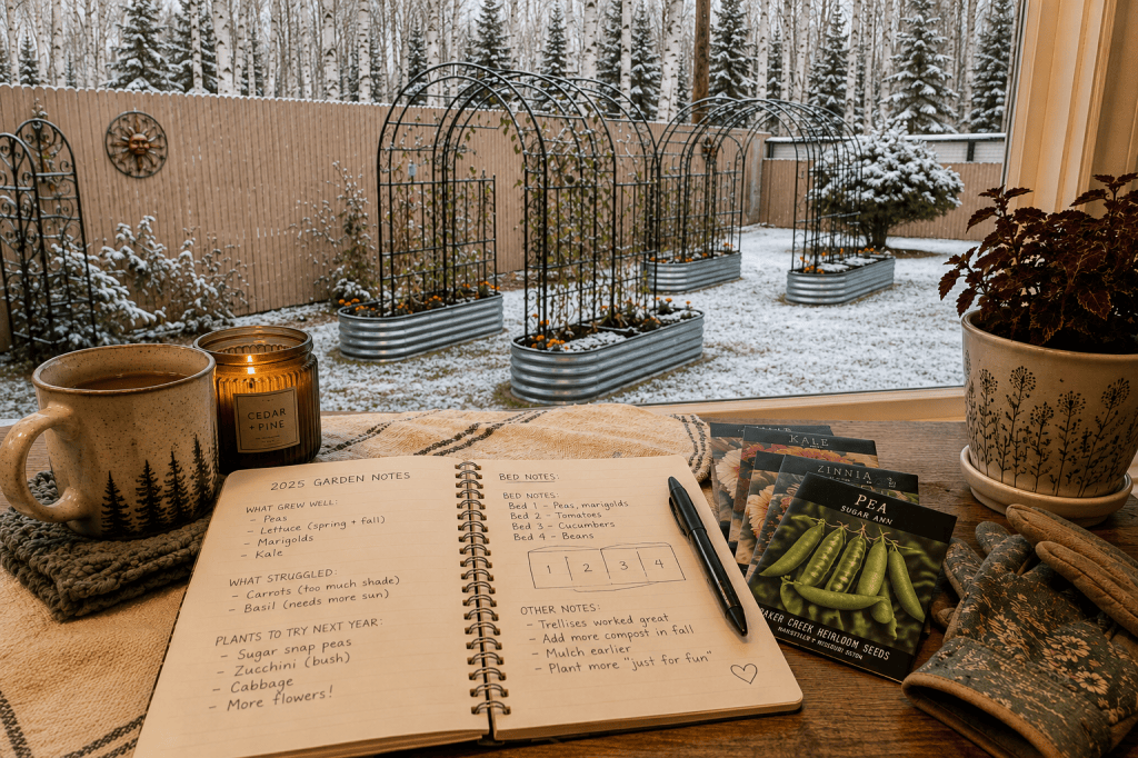 Garden notebook, seed packets, and coffee overlooking snow-covered raised beds with arched trellises.