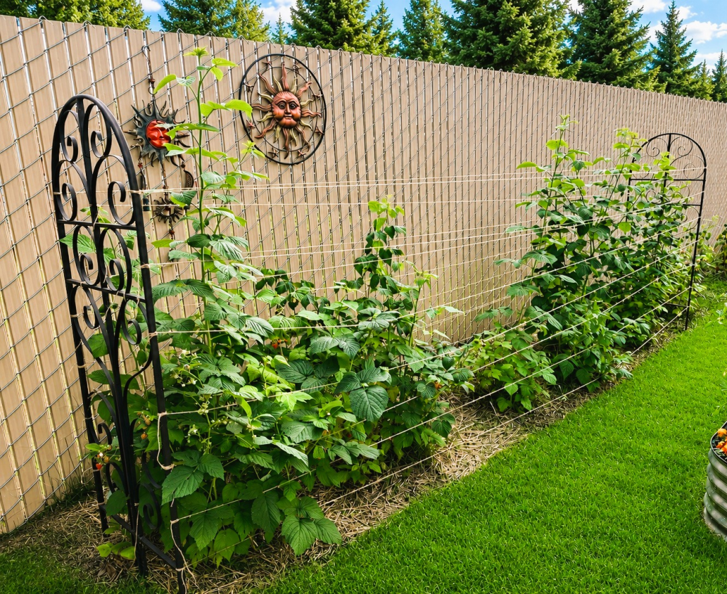 Raspberry canes supported with inexpensive garden twine tied between decorative metal trellises