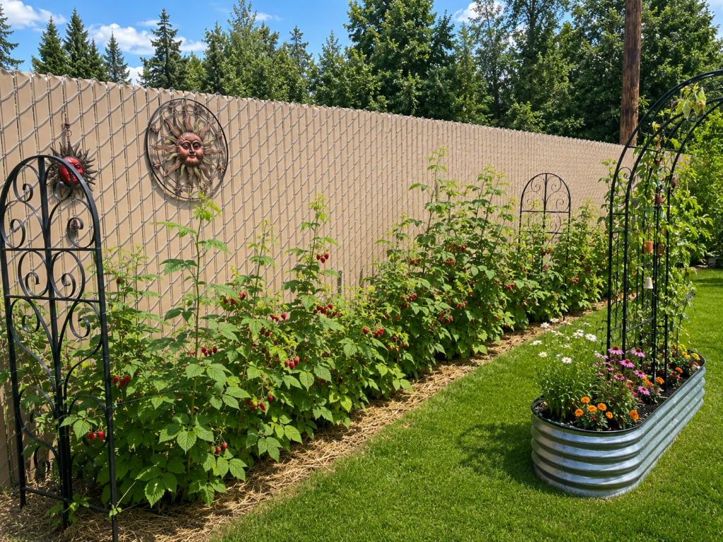 Raspberry plants growing along a sunny garden fence in a northern backyard