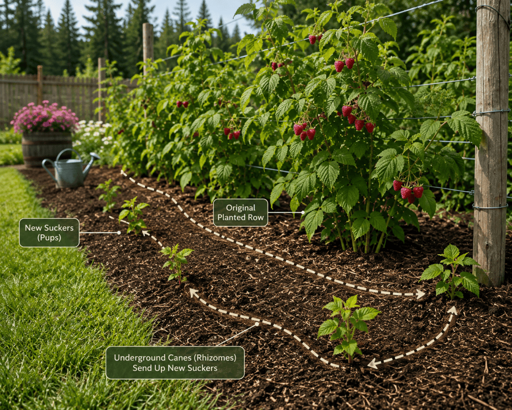 Diagram showing how raspberry plants spread underground and produce new suckers outside the original row