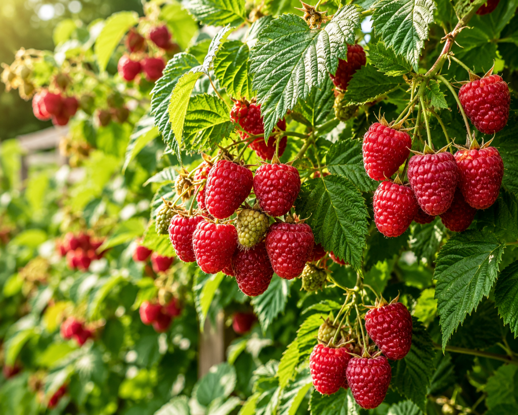Ripe red raspberries growing on healthy green canes in a sunny summer garden