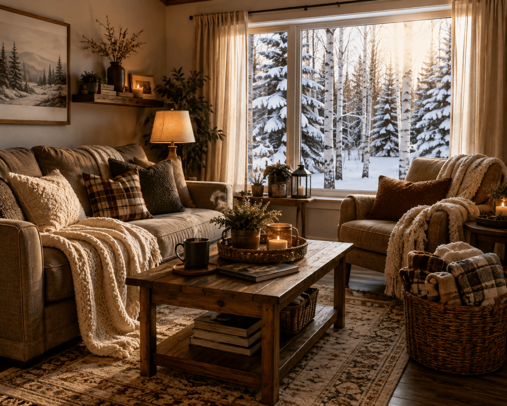 Cozy northern living room with warm blankets, an area rug, and sunlight streaming through windows overlooking a snowy winter landscape.